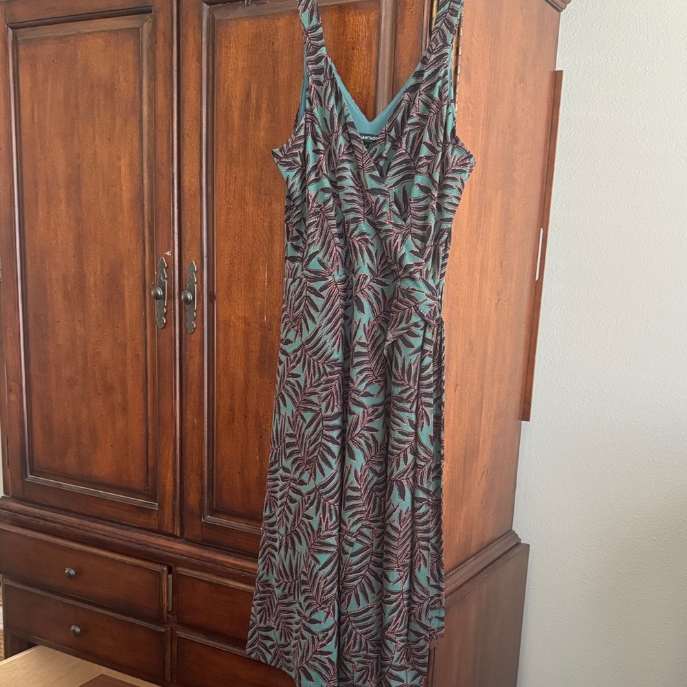 41 Hawthorn Teal and Brown Leaf-Print Midi Dress